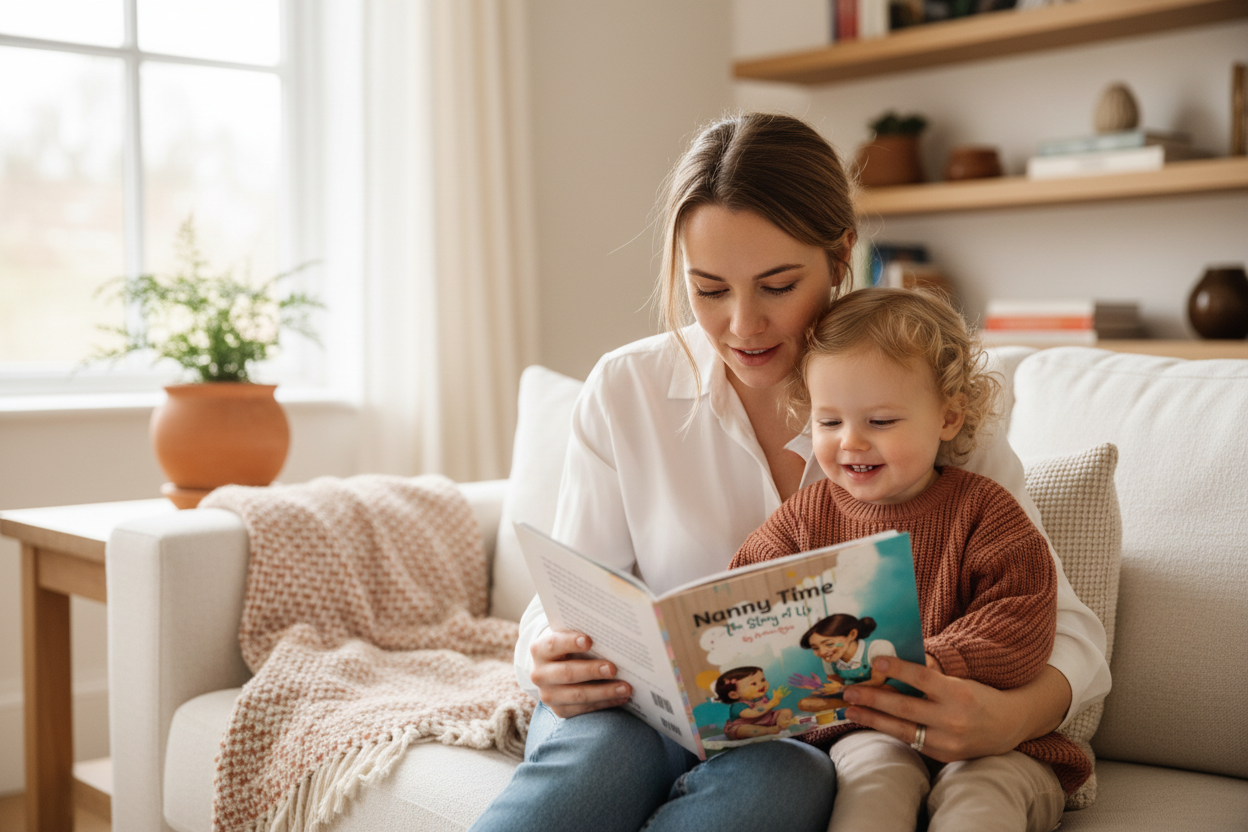 Nanny and toddler reading book - horizontal