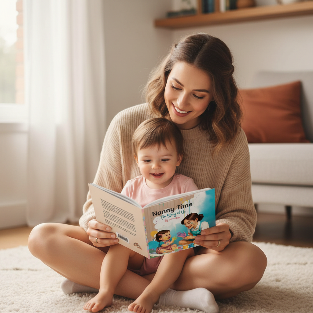 Nanny and toddler with book - square mobile optimized